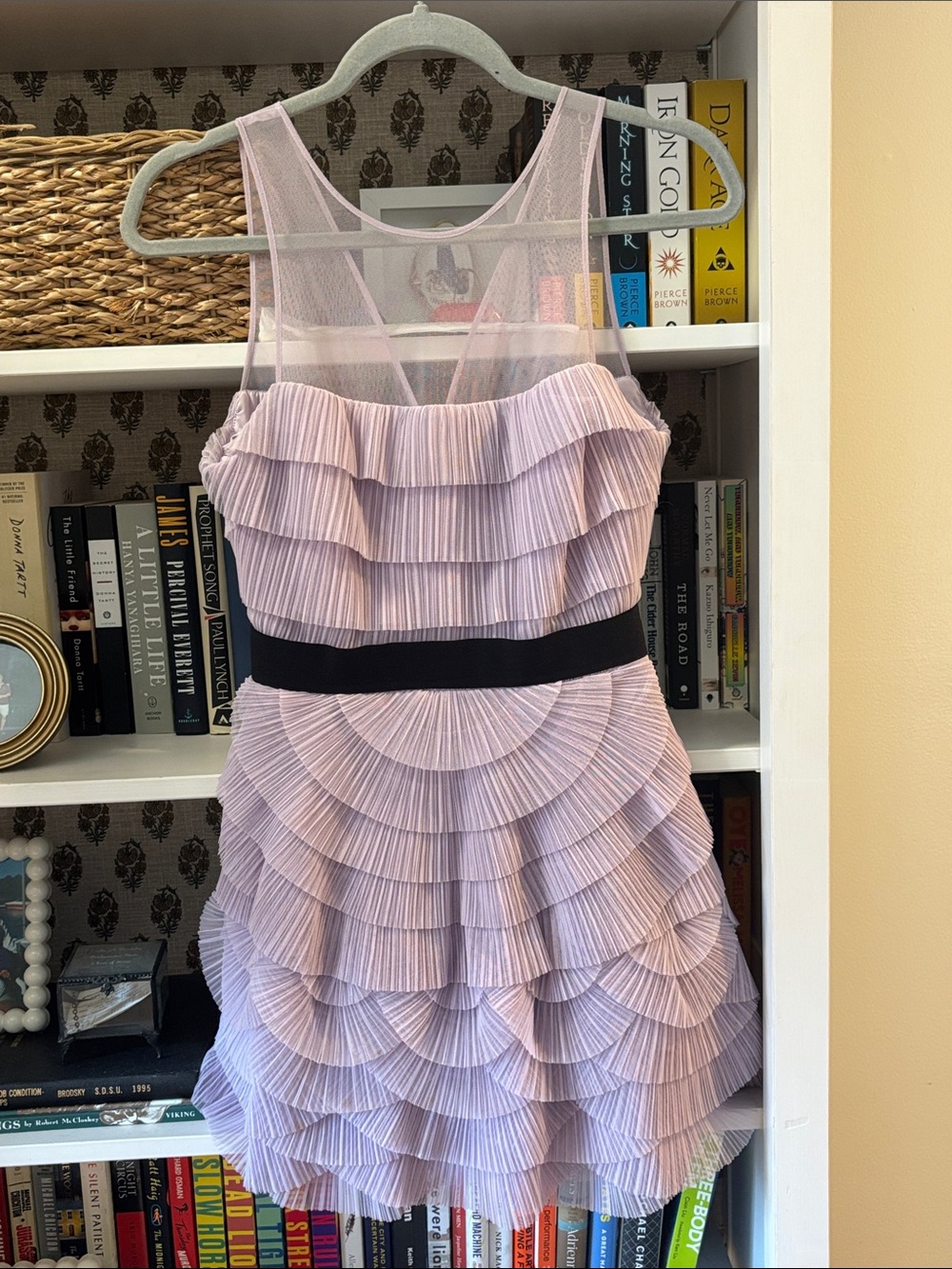 BCBGMaxAzria Lavender Ruffle Mesh Mini Dress with Black Waistband